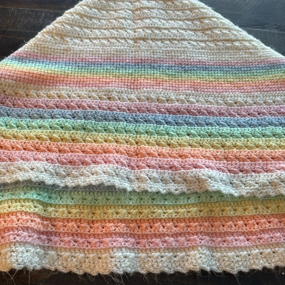 Crochet Rainbow Handmade Baby Blanket Afghan, Stroller Throw, White and Pastel